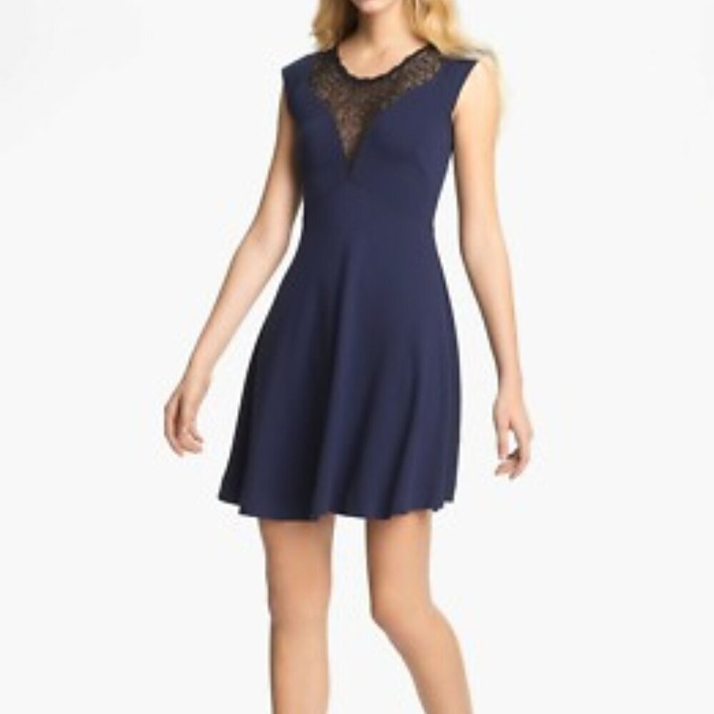 French Connection Alicia Lace Inset Blue and Black Dress Size 8